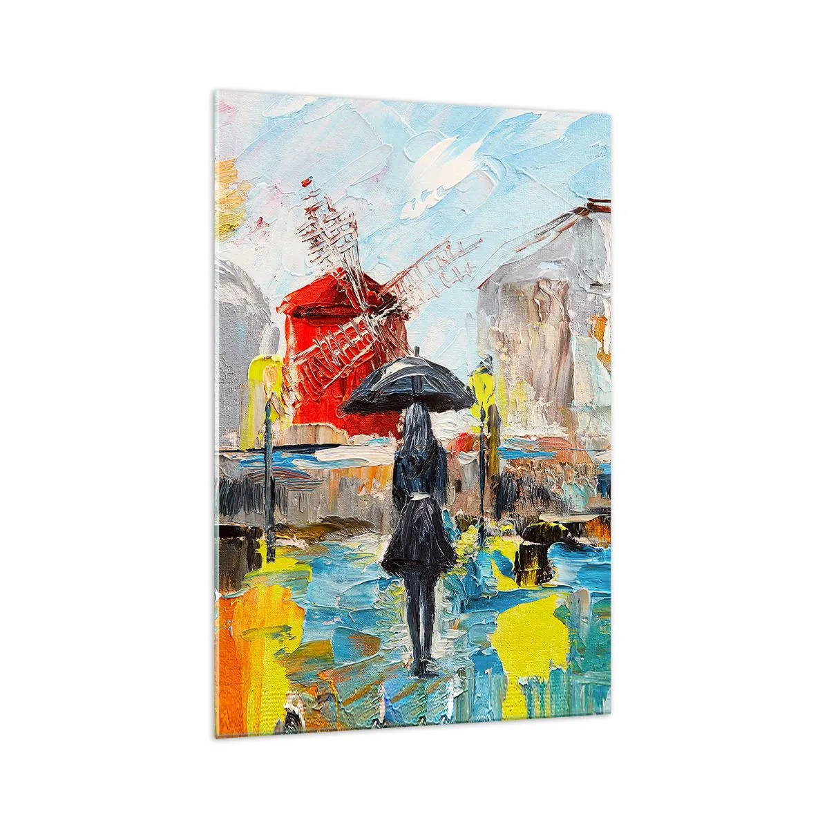 Impression sur verre - Image sur verre - Une scène pittoresque avec un parapluie sur fond de Paris aux couleurs vibrantes. - 70x100cm - Légende parisienne - Décoration murale moderne pour le salon et la chambre ARTTOR