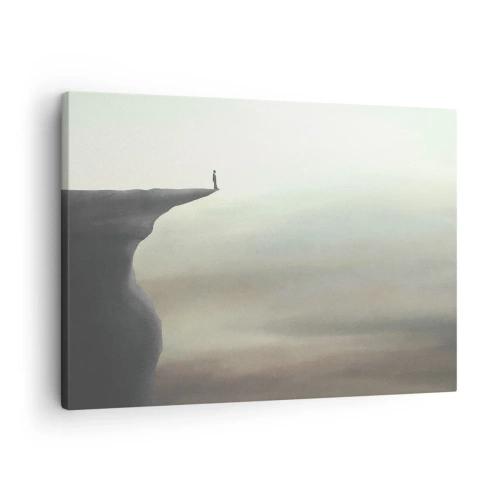 Impression sur toile - Image sur toile - Silhouette d'une figure au bord d'une falaise dans un paysage brumeux - 70x50cm - Tout en haut, bien entendu! - Décoration murale moderne pour le salon et la chambre ARTTOR