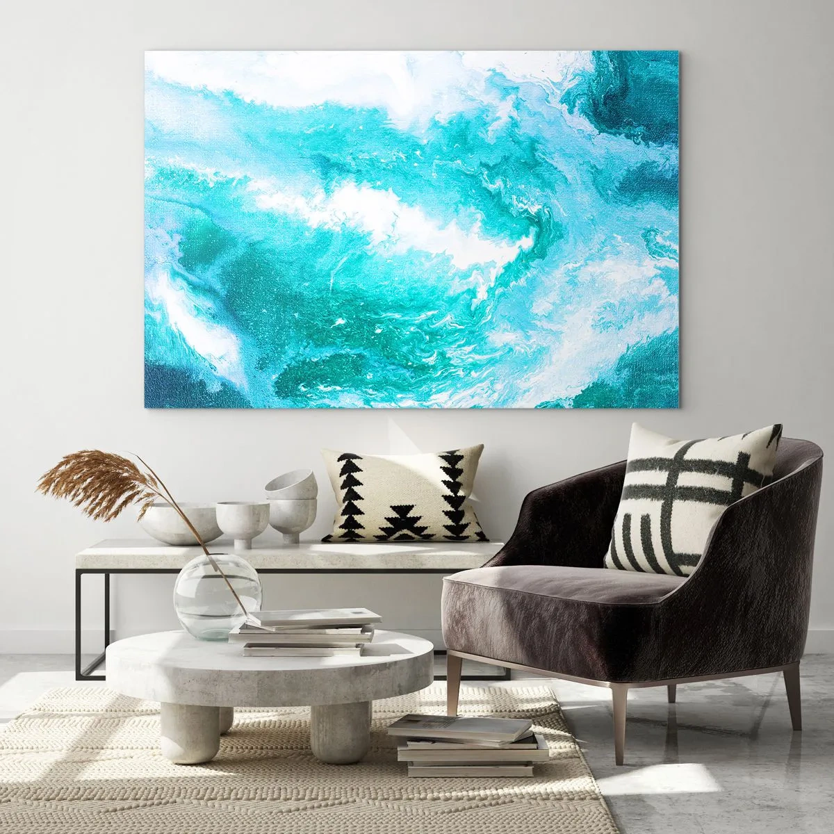 Impression sur verre - Image sur verre - Une composition abstraite représentant des vagues et des tourbillons turquoise. - 120x80cm - Au coeur de l'élément - Décoration murale moderne pour le salon et la chambre ARTTOR