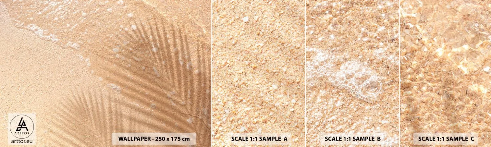 Échantillon De Papier Peint Standard Eco - Ombre d'un été chaud - Abstraction, Sable sur la plage, Feuilles - 100x30 cm