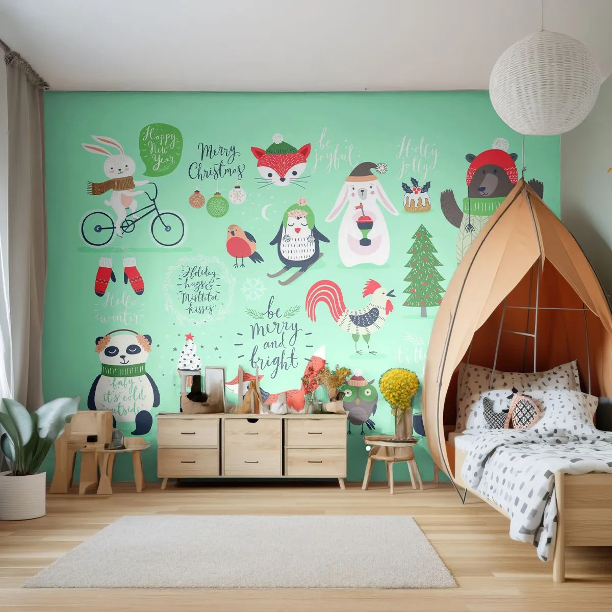 Papier Peint Autocollant Deluxe Sticker - Que ce soit toujours Noël ! - Pour les enfants, Hiver, Animaux heureux - 250x175 cm