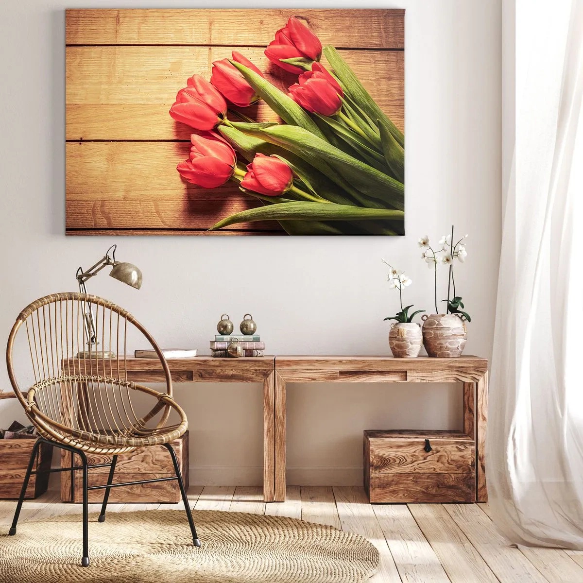 Impression sur toile - Image sur toile - Un bouquet de tulipes roses sur un fond en bois - 120x80cm - Défi du printemps - Décoration murale moderne pour le salon et la chambre ARTTOR
