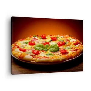 Impression sur toile - Image sur toile - Pizza aux tomates et au basilic sur une table en bois - 70x50cm - Mamma mia! - Décoration murale moderne pour le salon et la chambre ARTTOR