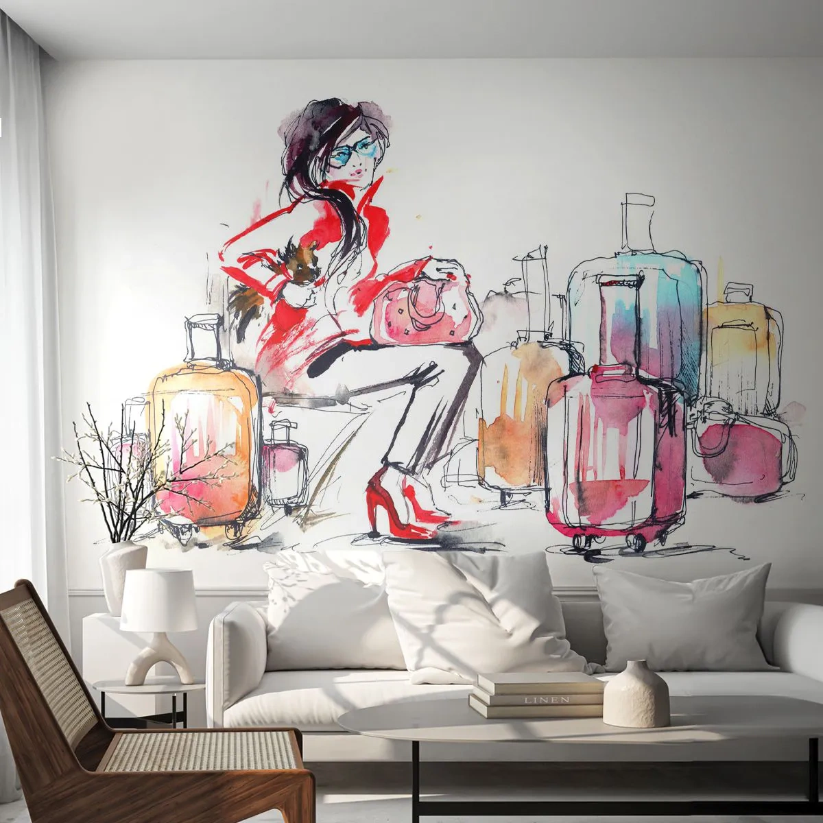 Papier Peint Autocollant Deluxe Sticker - Asseyons-nous avant le voyage - Femme, Voyage, Valise - 250x175 cm