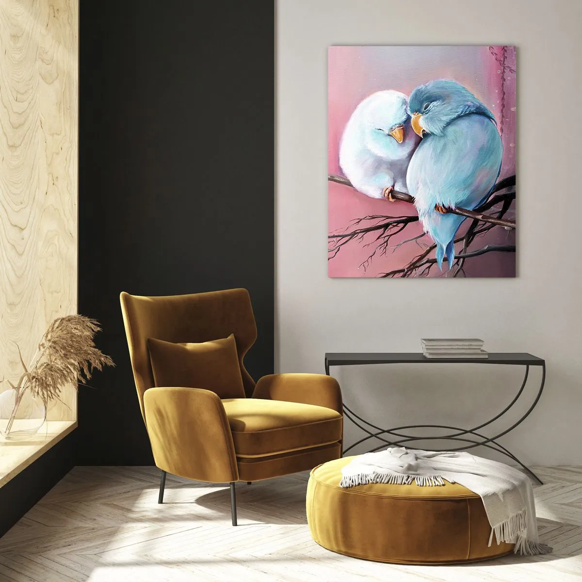 Impression sur verre - Image sur verre - Deux oiseaux amoureux sur une branche sur fond rose - 70x100cm - Que dire de plus?... - Décoration murale moderne pour le salon et la chambre ARTTOR