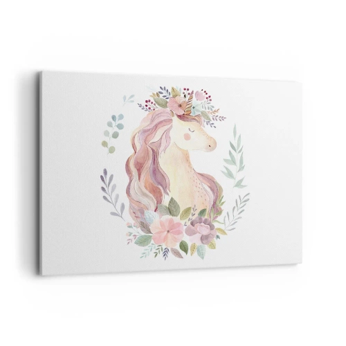 Impression sur toile - Image sur toile - Une licorne aux couleurs pastel entourée de fleurs - 100x70cm - Invitation au monde des contes de fées - Décoration murale moderne pour le salon et la chambre ARTTOR