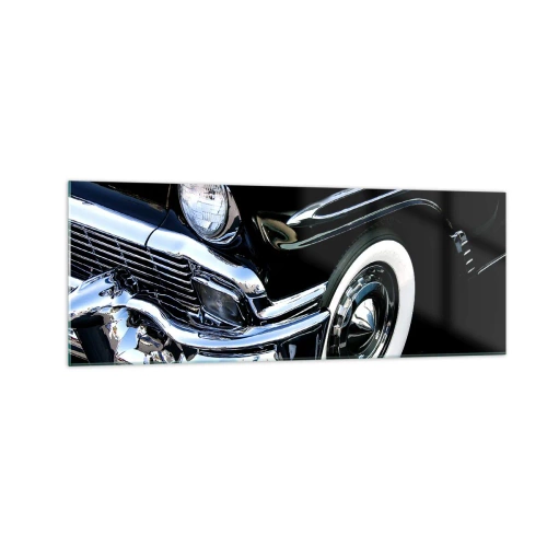 Impression sur verre - Image sur verre - Gros plan du phare et du garde-boue d'une voiture classique noire - 140x50cm - Classique en argent, noir et blanc - Décoration murale moderne pour le salon et la chambre ARTTOR