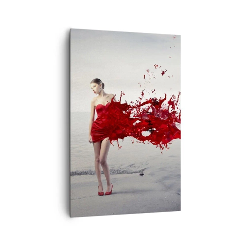 Impression sur toile - Image sur toile - Une femme en robe rouge dans une composition artistique au bord de l'eau - 80x120cm - Passionné comme l'écarlate - Décoration murale moderne pour le salon et la chambre ARTTOR