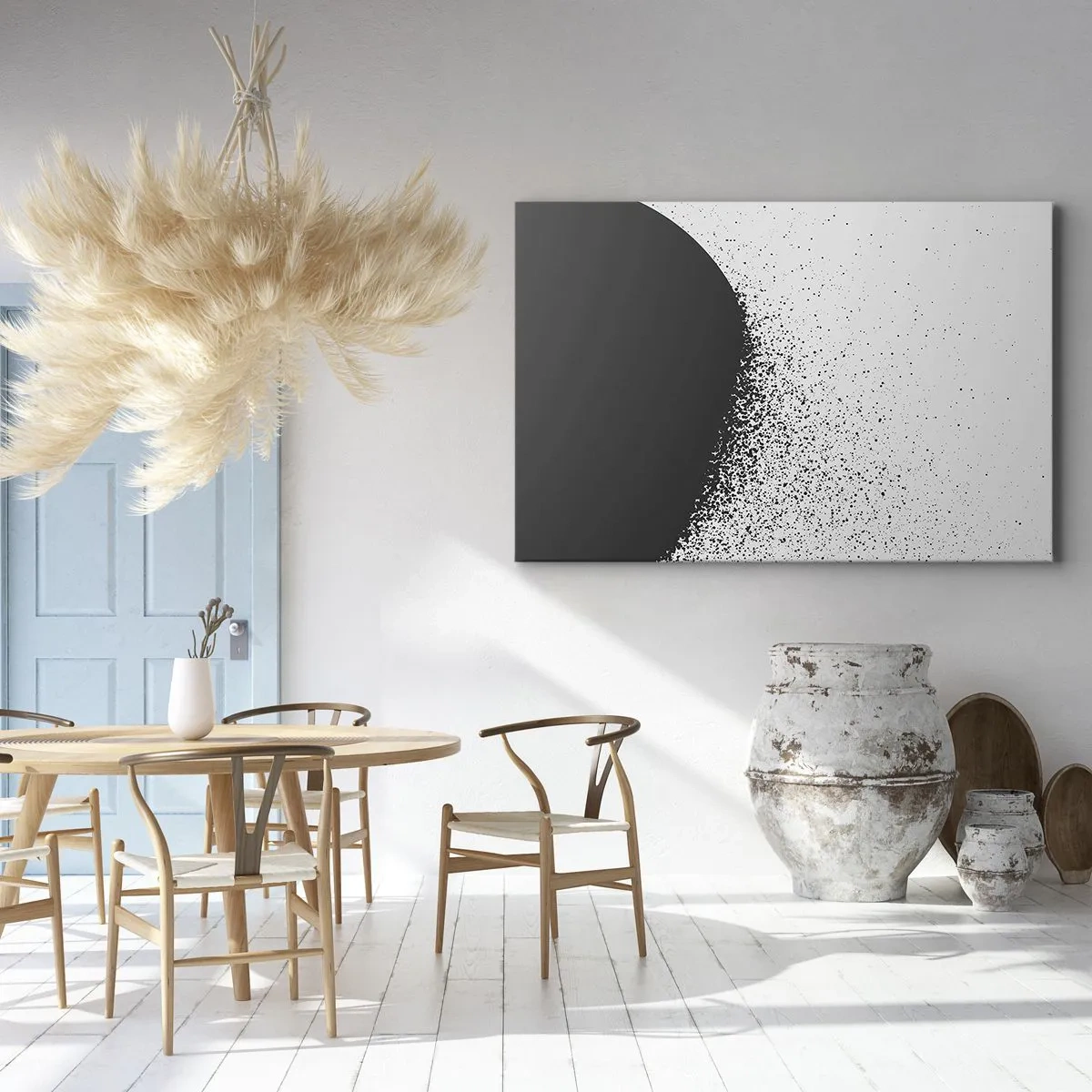 Impression sur toile - Image sur toile - Motif abstrait avec des particules noires sur un fond clair - 70x50cm - Mouvement des molécules - Décoration murale moderne pour le salon et la chambre ARTTOR