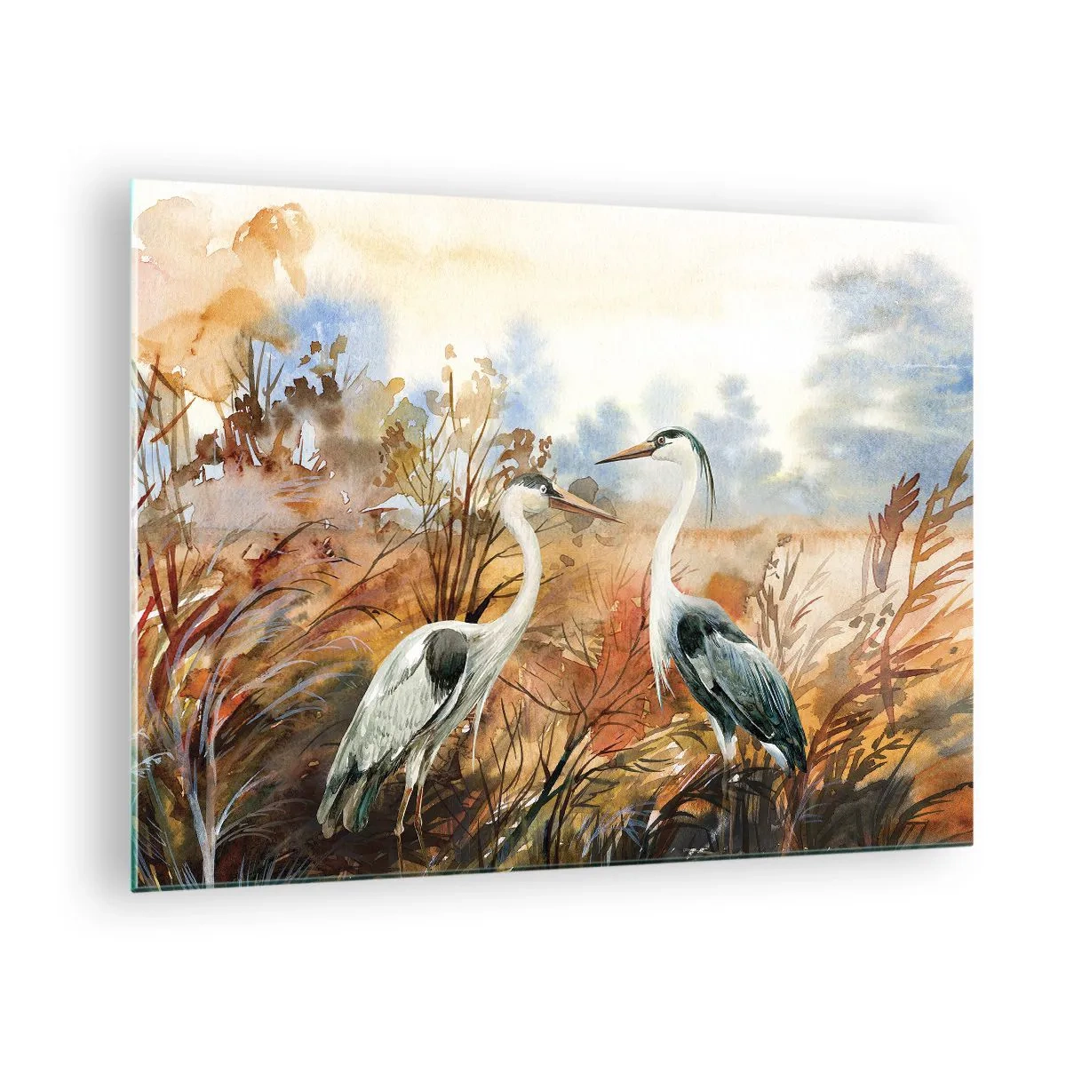 Impression sur verre - Image sur verre - Deux grues dans un paysage d'automne peint à l'aquarelle - 70x50cm - Jusqu'où en automne ? - Décoration murale moderne pour le salon et la chambre ARTTOR