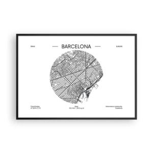 Affiche dans un cadre noir - Poster - Une carte de Barcelone dans un style minimaliste en noir et blanc - 100x70cm - Anatomie de Barcelone - Décoration murale moderne pour le salon et la chambre ARTTOR