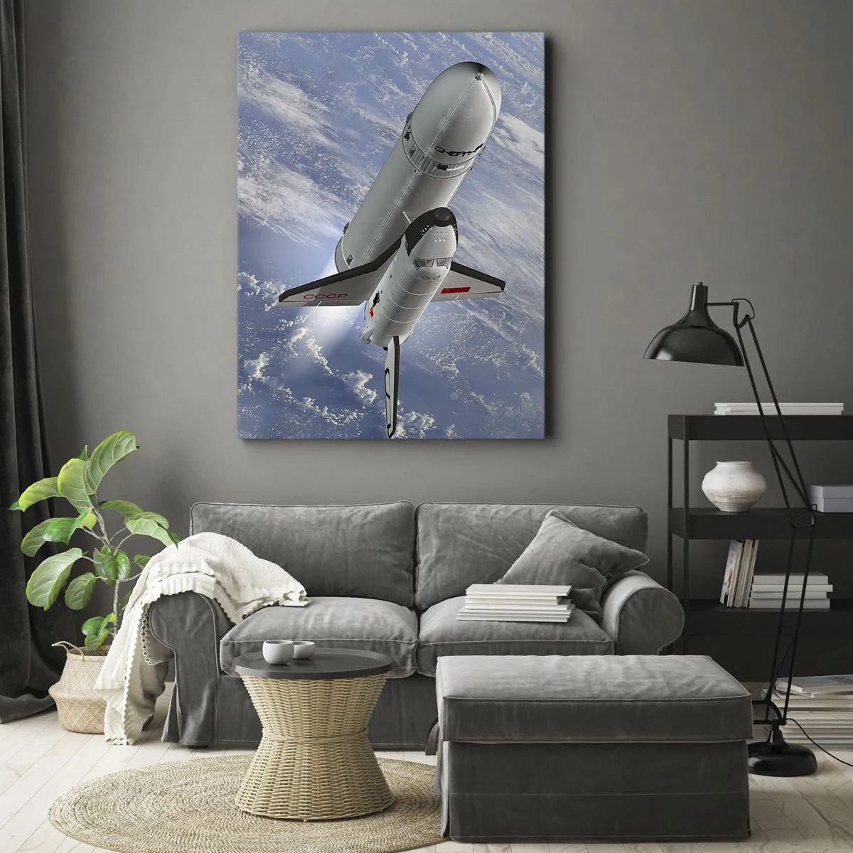 Impression sur toile - Image sur toile - Une fusée spatiale s'élevant devant la Terre en arrière-plan - 50x70cm - Ascension cosmique - Décoration murale moderne pour le salon et la chambre ARTTOR
