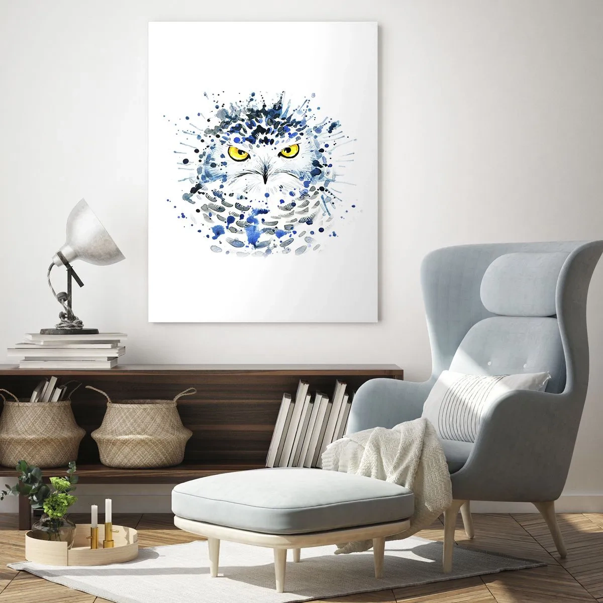Impression sur verre - Image sur verre - Portrait abstrait d'un hibou aux couleurs bleu et jaune - 70x100cm - Droit dans les yeux - Décoration murale moderne pour le salon et la chambre ARTTOR