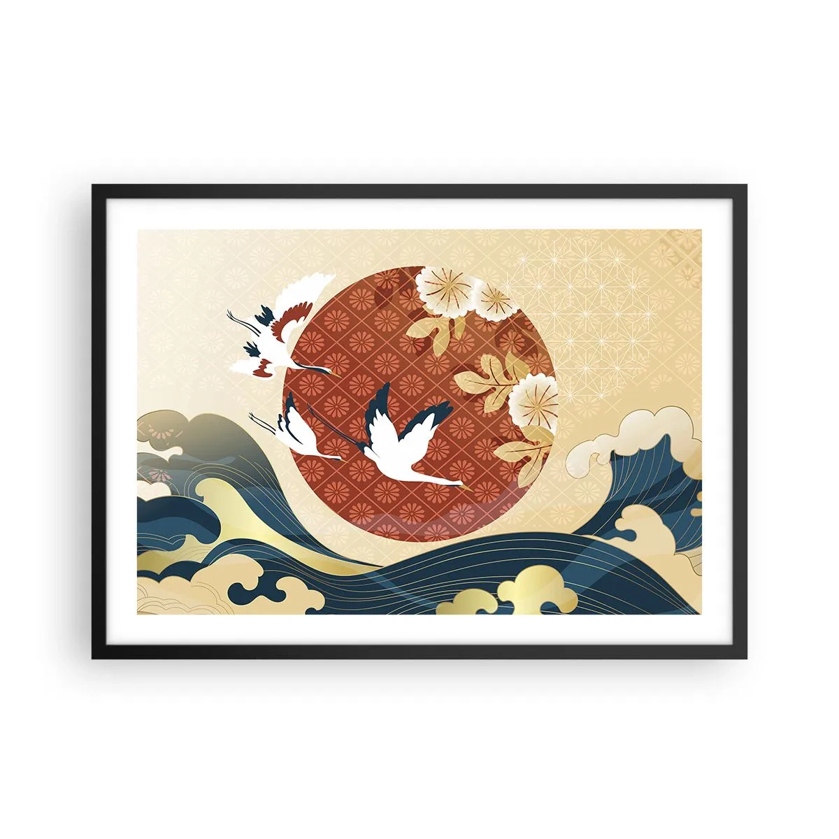 Affiche dans un cadre noir - Poster - Composition japonaise avec des grues et des vagues - 70x50cm - Conte japonnais - Décoration murale moderne pour le salon et la chambre ARTTOR
