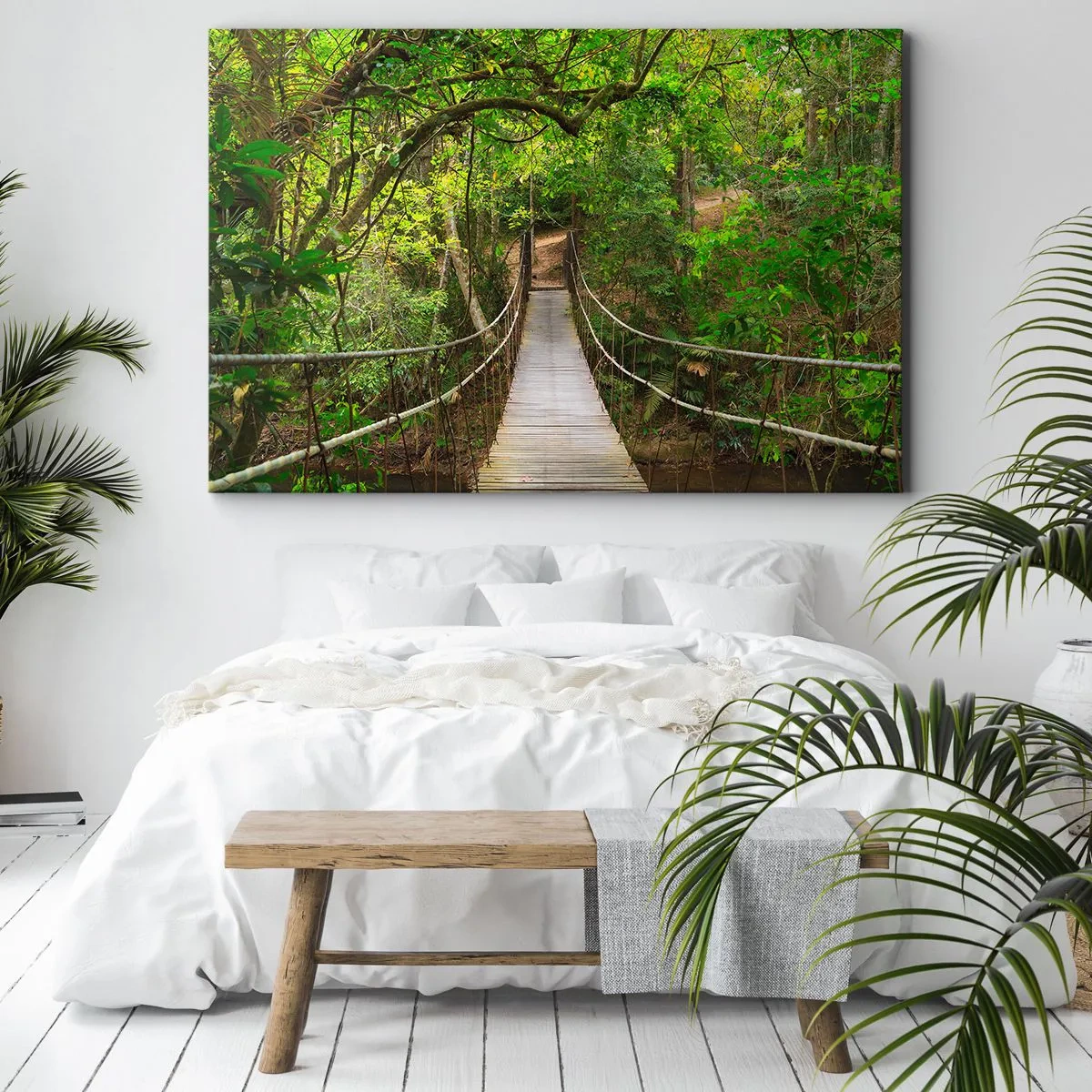 Impression sur toile - Image sur toile - Un pont suspendu entouré d'une forêt tropicale verte - 100x70cm - Parce qu'il y a une plante grimpante dans le jardin - Décoration murale moderne pour le salon et la chambre ARTTOR