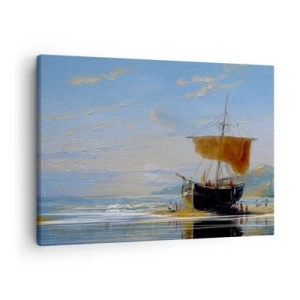 Impression sur toile - Image sur toile - Un bateau au bord de la mer par une journée ensoleillée - 70x50cm - Eau, terre, air - Décoration murale moderne pour le salon et la chambre ARTTOR