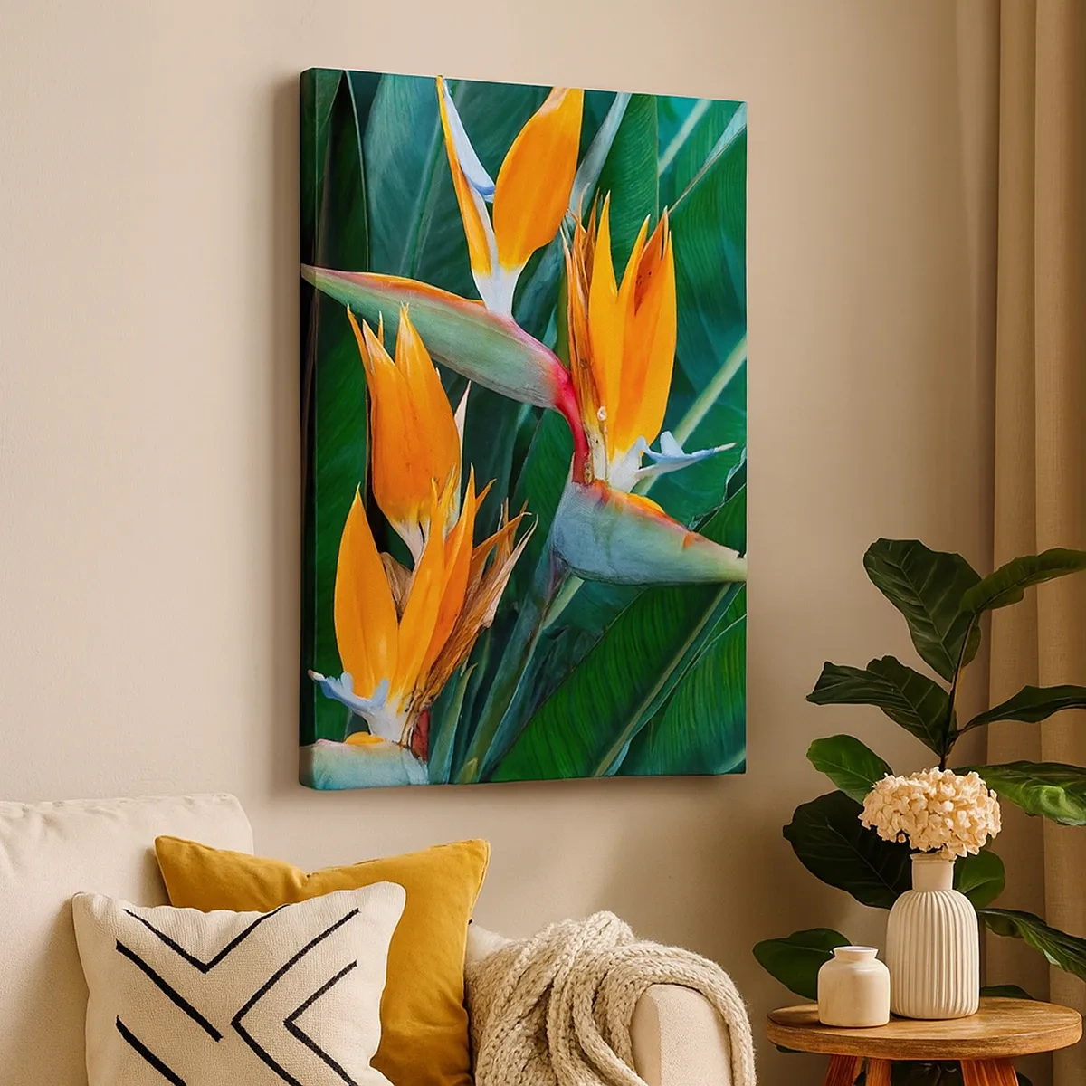 Impression sur toile - Image sur toile - Fleurs de strelitzia exotiques entourées de feuilles vertes - 50x70cm - Est-ce une fleur, est-ce un oiseaux? - Décoration murale moderne pour le salon et la chambre ARTTOR
