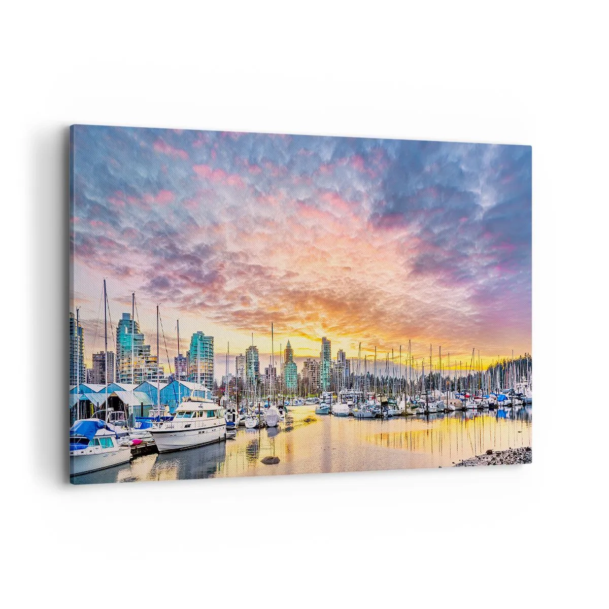 Impression sur toile - Image sur toile - Marina avec yachts et paysage urbain au coucher du soleil - 120x80cm - La cité aux mille marins - Décoration murale moderne pour le salon et la chambre ARTTOR