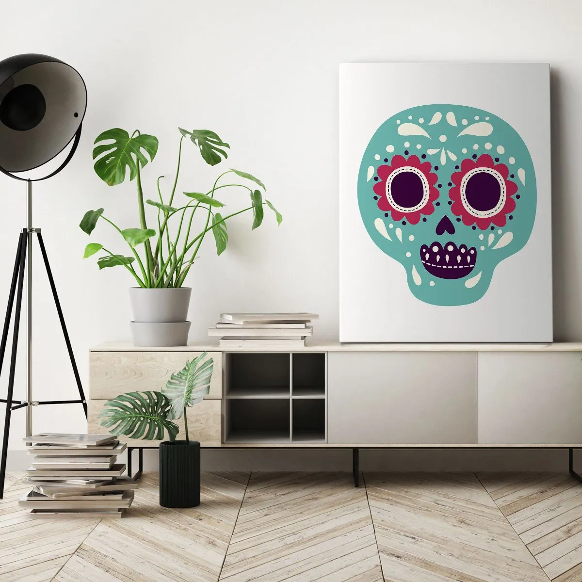 Impression sur toile - Image sur toile - Un crâne en sucre turquoise et violet inspiré de la culture mexicaine - 50x70cm - La vie – du plaisir jusqu'à la mort - Décoration murale moderne pour le salon et la chambre ARTTOR