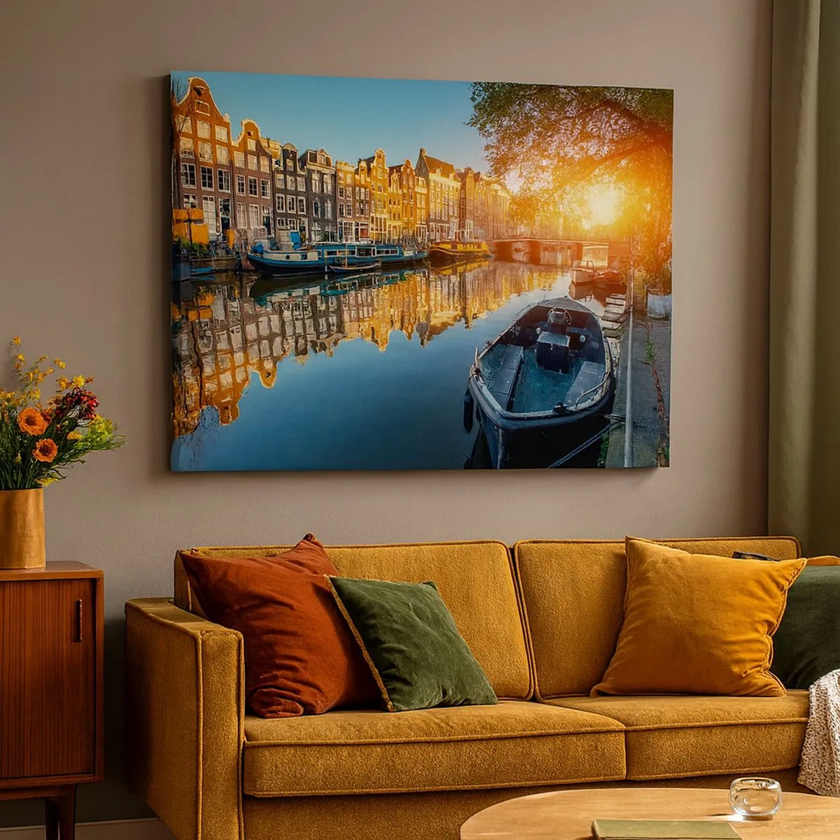 Impression sur toile - Image sur toile - Canal d'Amsterdam au coucher du soleil - 70x50cm - Début de journée à Amsterdam - Décoration murale moderne pour le salon et la chambre ARTTOR