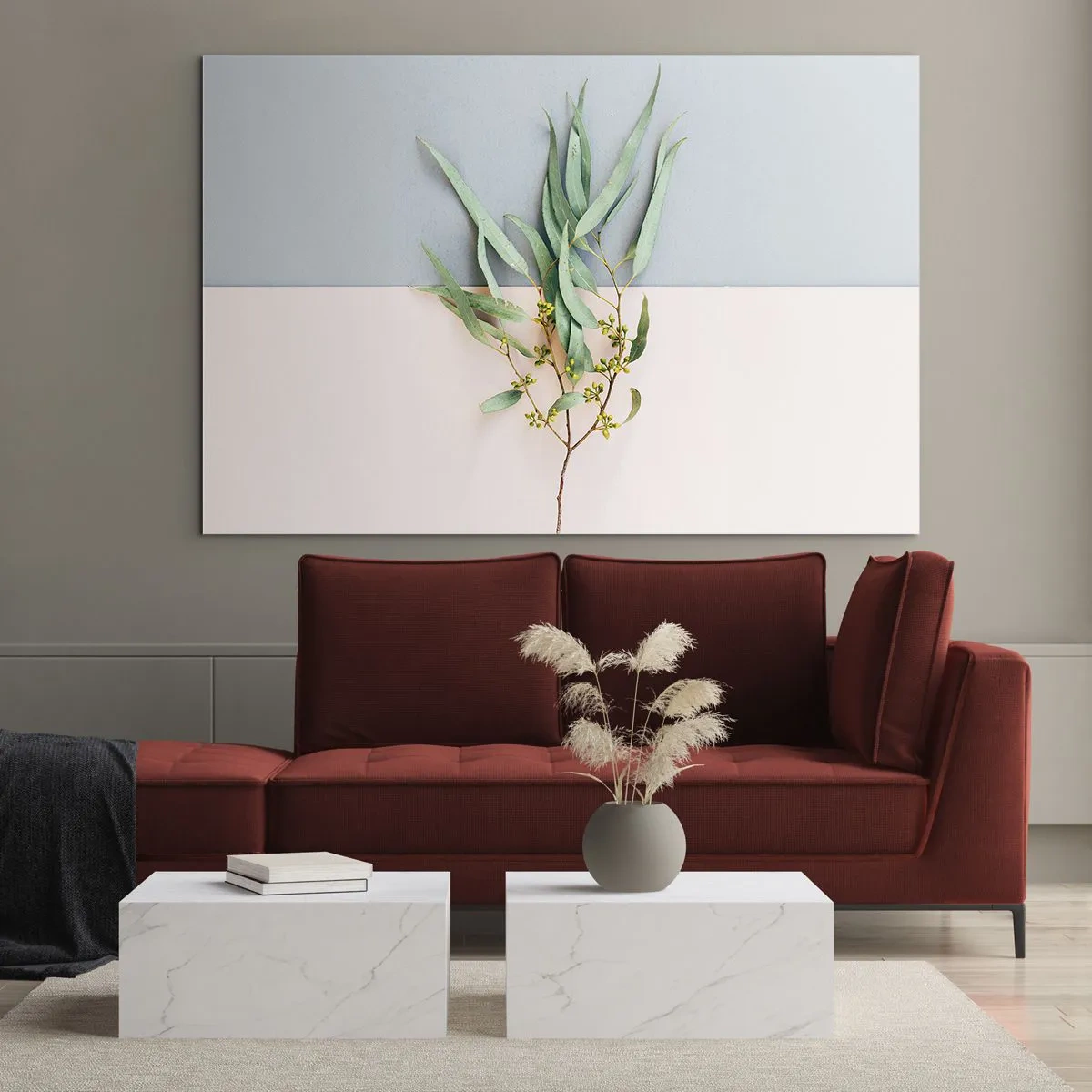 Impression sur verre - Image sur verre - Un brin d'eucalyptus sur fond pastel - 70x50cm - Subtilité pastel - Décoration murale moderne pour le salon et la chambre ARTTOR