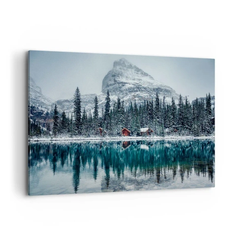 Impression sur toile - Image sur toile - Paysage d'hiver avec des chalets dans la forêt au bord d'un lac gelé - 120x80cm - Retraite canadienne - Décoration murale moderne pour le salon et la chambre ARTTOR