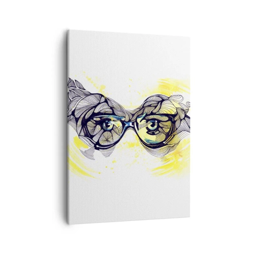 Impression sur toile - Image sur toile - Graphiques artistiques de lunettes aux yeux expressifs - 50x70cm - À travers des lunettes bleues - Décoration murale moderne pour le salon et la chambre ARTTOR