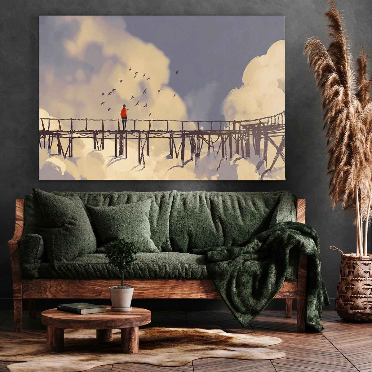 Impression sur toile - Image sur toile - Une silhouette sur un pont parmi les nuages avec des oiseaux dans le ciel - 70x50cm - Bleu nostalgie - Décoration murale moderne pour le salon et la chambre ARTTOR