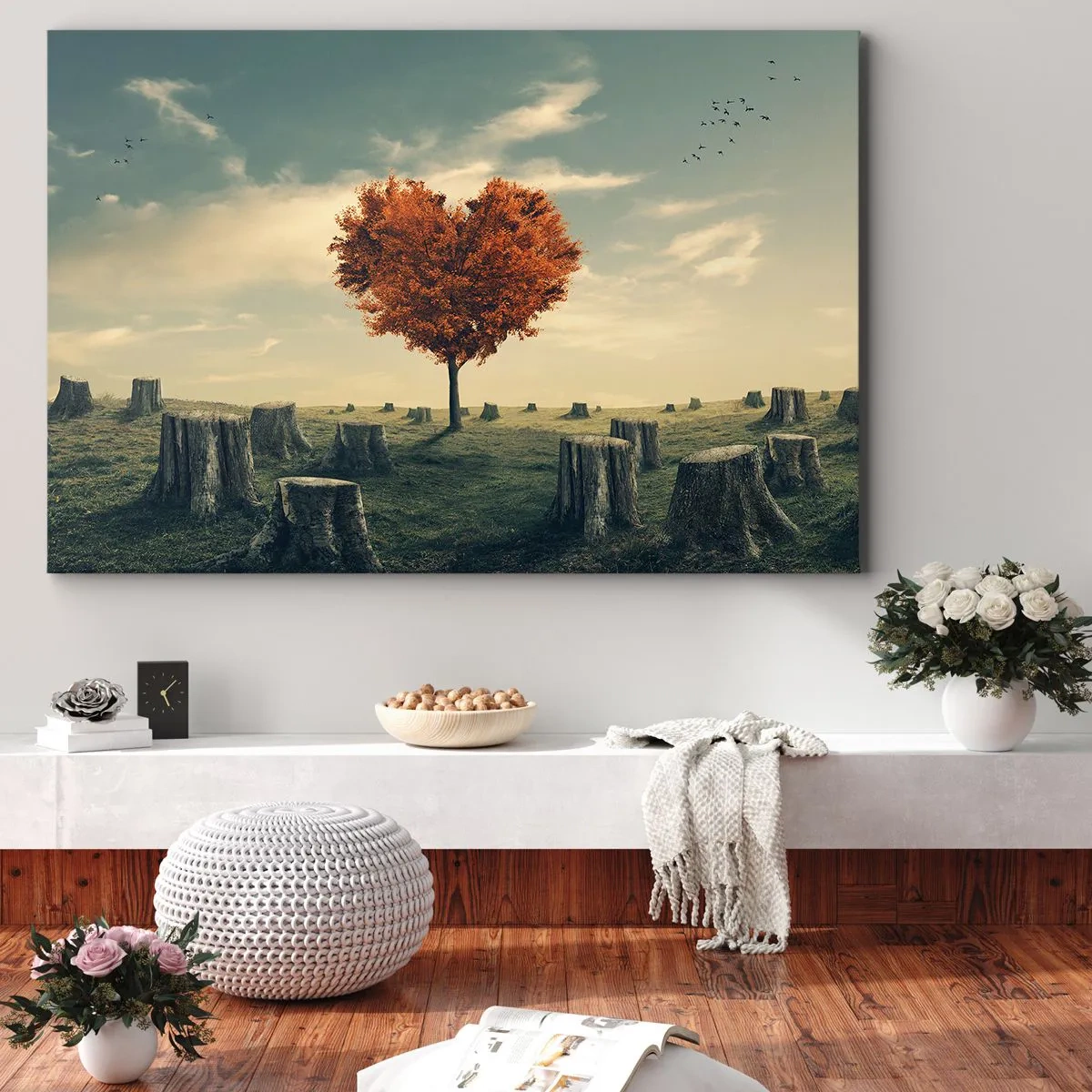 Impression sur toile - Image sur toile - Un arbre en forme de cœur dans un champ de souches, symbole d'espoir - 100x70cm - Il y a toujours de l'espoir - Décoration murale moderne pour le salon et la chambre ARTTOR