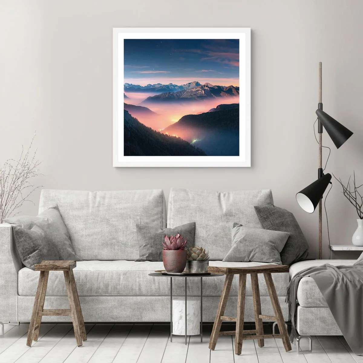 Affiche dans un cadre blanc - Poster - Lumière dans les vallées - 60x60 cm