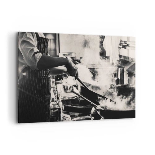 Impression sur toile - Image sur toile - Un chef au travail dans la cuisine avec de la vapeur s'élevant d'une poêle à frire - 120x80cm - Alchimie des saveurs - Décoration murale moderne pour le salon et la chambre ARTTOR