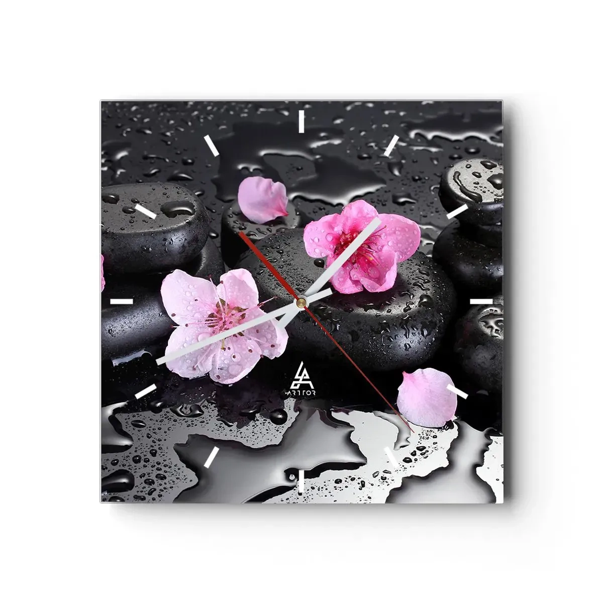 Horloge murale - Pendule murale - Pierres noires et fleurs roses style spa - 30x30cm - Et le cœur s'allège soudainement - Décoration murale moderne pour le salon et la chambre ARTTOR