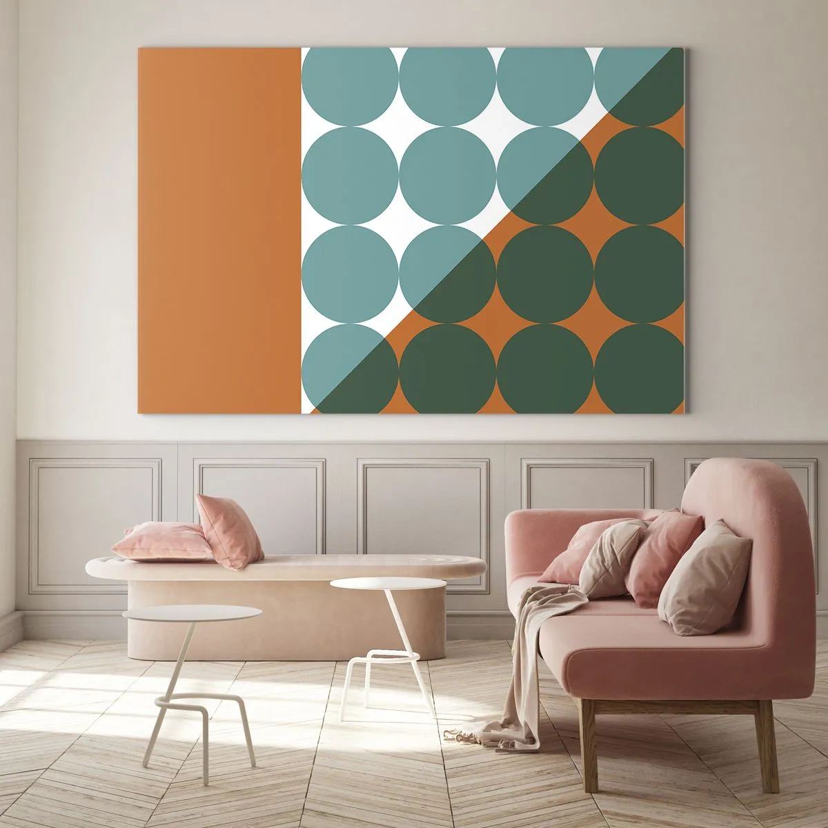 Impression sur verre - Image sur verre - Composition géométrique abstraite avec des cercles et un triangle - 70x50cm - En haut et en diagonale - Décoration murale moderne pour le salon et la chambre ARTTOR