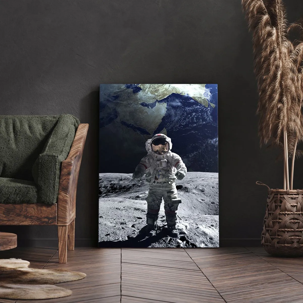 Impression sur toile - Image sur toile - Astronaute à la surface de la Lune avec la Terre en arrière-plan - 70x100cm - Salutations de la lune - Décoration murale moderne pour le salon et la chambre ARTTOR