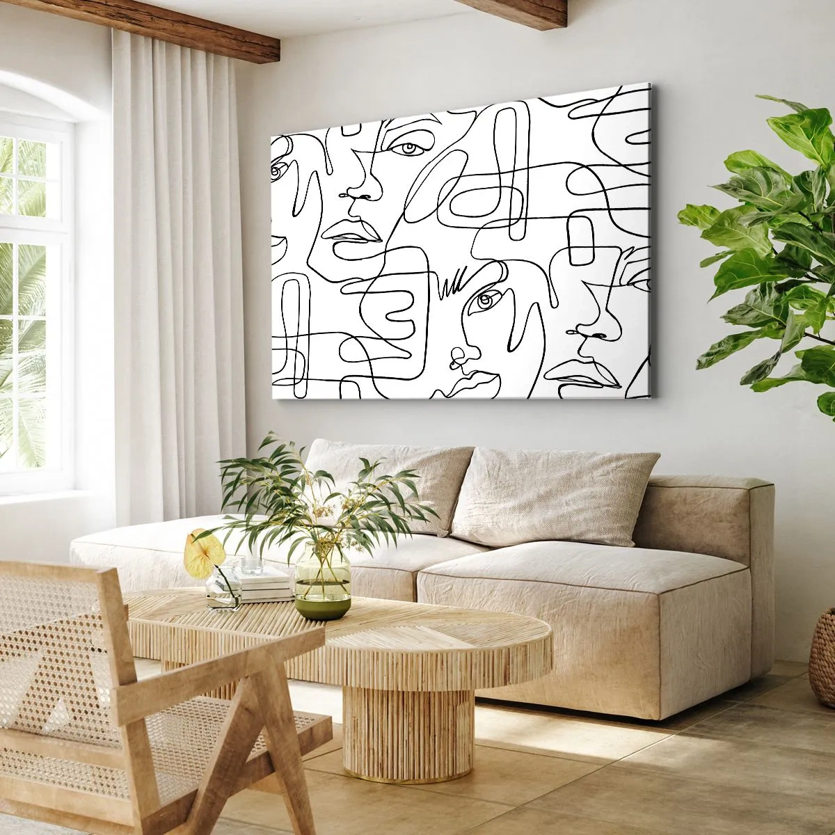 Impression sur toile - Image sur toile - Un dessin minimaliste d'un visage avec des lignes sur un fond clair. - 70x50cm - Dans des émotions enchevêtrées - Décoration murale moderne pour le salon et la chambre ARTTOR