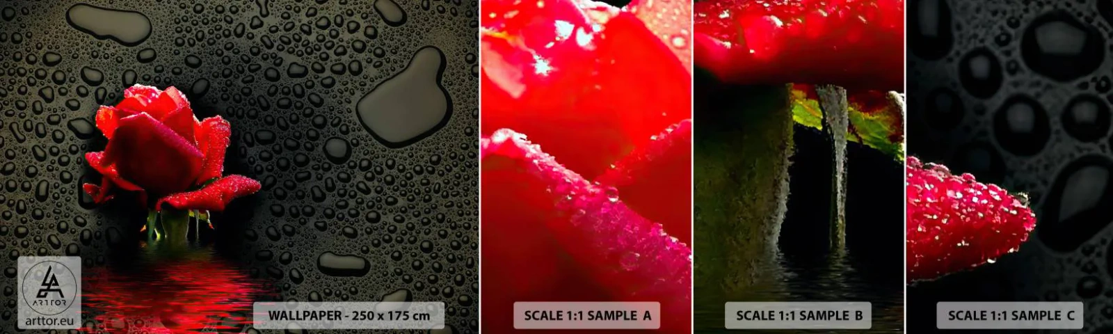 Échantillon de Papier Peint Autocollant Deluxe Sticker - Rouge et noir - Fleurs, Rose, Eau - 100x30 cm