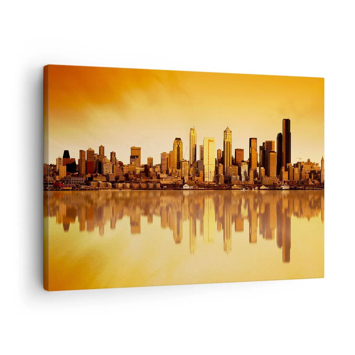 Impression sur toile - Image sur toile - Panorama de la ville reflété dans l'eau au coucher du soleil - 70x50cm - Le silence de la métropole - Décoration murale moderne pour le salon et la chambre ARTTOR