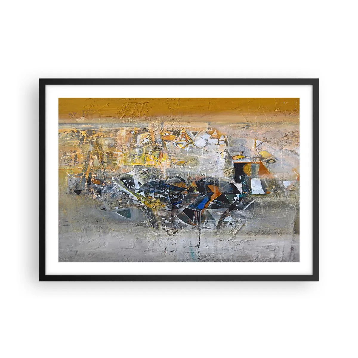 Affiche dans un cadre noir - Poster - Abstraction avec des nuances dominantes de jaune et de gris - 70x50cm - Tout se met en place - Décoration murale moderne pour le salon et la chambre ARTTOR