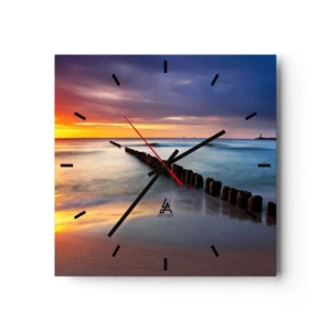 Horloge murale - Pendule murale - Coucher de soleil sur la mer avec un brise-lames au premier plan - 30x30cm - Ecoute le silence - Décoration murale moderne pour le salon et la chambre ARTTOR