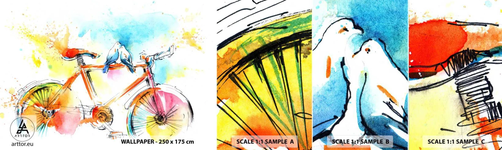 Échantillon de Papier Peint Autocollant Deluxe Sticker - À deux en vélo - Abstraction, Vélo, Des oiseaux - 100x30 cm