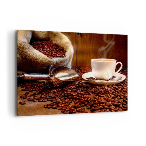 Impression sur toile - Image sur toile - Une tasse de café avec des grains de café et un sac de céréales en arrière-plan - 120x80cm - Sentez-vous cette odeur? - Décoration murale moderne pour le salon et la chambre ARTTOR
