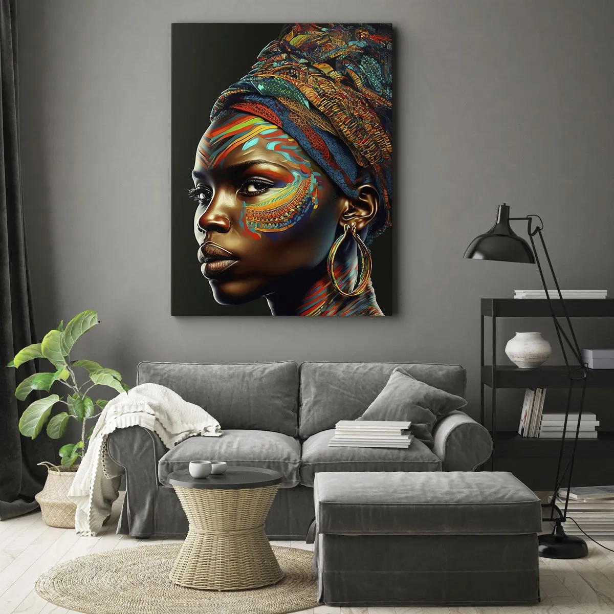 Impression sur toile - Image sur toile - Portrait d'une femme avec un motif coloré et un turban - 70x100cm - reine africaine - Décoration murale moderne pour le salon et la chambre ARTTOR