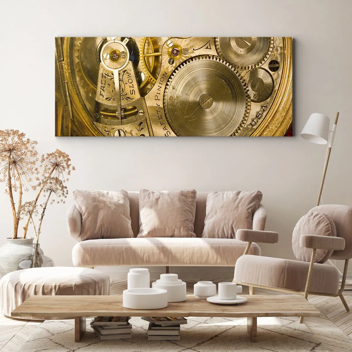 Impression sur toile - Image sur toile - Mécanisme de montre avec engrenages et détails visibles - 120x50cm - Marcher avec son temps - Décoration murale moderne pour le salon et la chambre ARTTOR