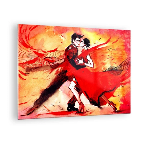 Impression sur verre - Image sur verre - Un couple dansant dans une composition rouge dynamique - 70x50cm - Le rythme violet de la passion - Décoration murale moderne pour le salon et la chambre ARTTOR