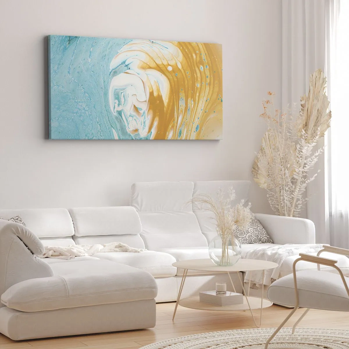 Impression sur toile - Image sur toile - Vagues abstraites dans des tons de bleu et d'or sur toile - 160x50cm - Tourbillon pastel - Décoration murale moderne pour le salon et la chambre ARTTOR