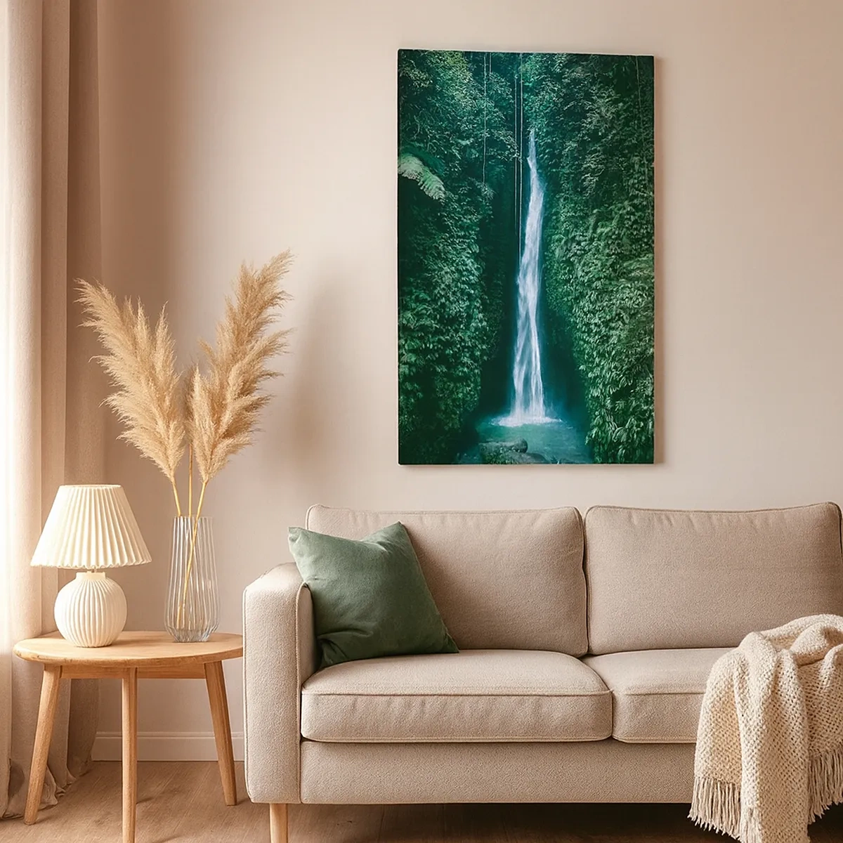 Impression sur toile - Image sur toile - Une cascade entourée d'une végétation tropicale dense - 50x70cm - Fontaine tropicale - Décoration murale moderne pour le salon et la chambre ARTTOR