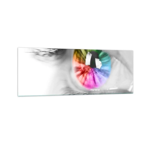 Impression sur verre - Image sur verre - Prise de vue artistique d'un œil avec un iris arc-en-ciel sur fond gris - 140x50cm - Regarde le monde en couleur - Décoration murale moderne pour le salon et la chambre ARTTOR