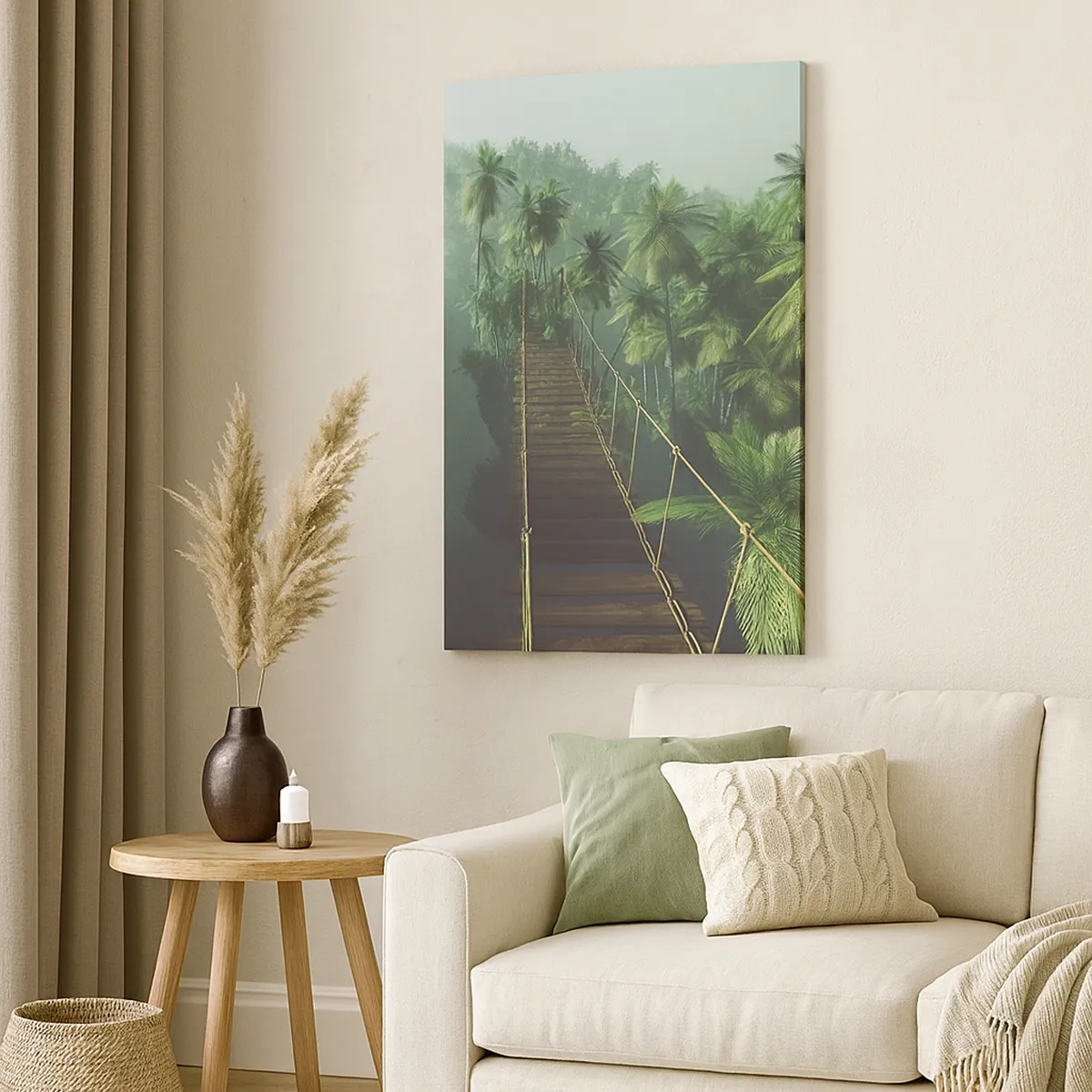 Impression sur toile - Image sur toile - Un pont suspendu dans une forêt tropicale entourée de brouillard. - 50x70cm - Au fil de la verdure - Décoration murale moderne pour le salon et la chambre ARTTOR