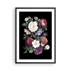 Affiche dans un cadre noir - Poster - Un bouquet de fleurs sur fond noir dans un style vintage - 50x70cm - D'un jardin anglais - Décoration murale moderne pour le salon et la chambre ARTTOR