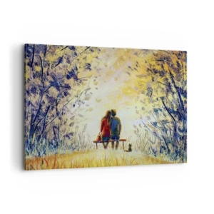Impression sur toile - Image sur toile - Un couple assis sur un banc parmi les arbres d'automne au soleil - 100x70cm - Moment magique - Décoration murale moderne pour le salon et la chambre ARTTOR